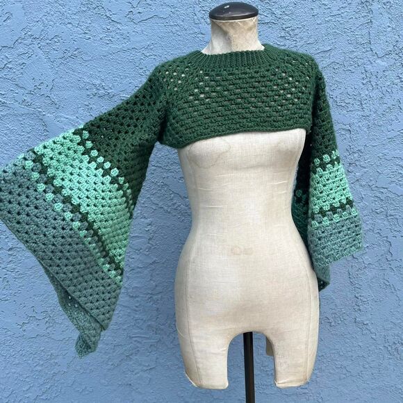 Crochet Cropped Sweater Shrug Shawl Statement Sleeves - Picture 1 of 8